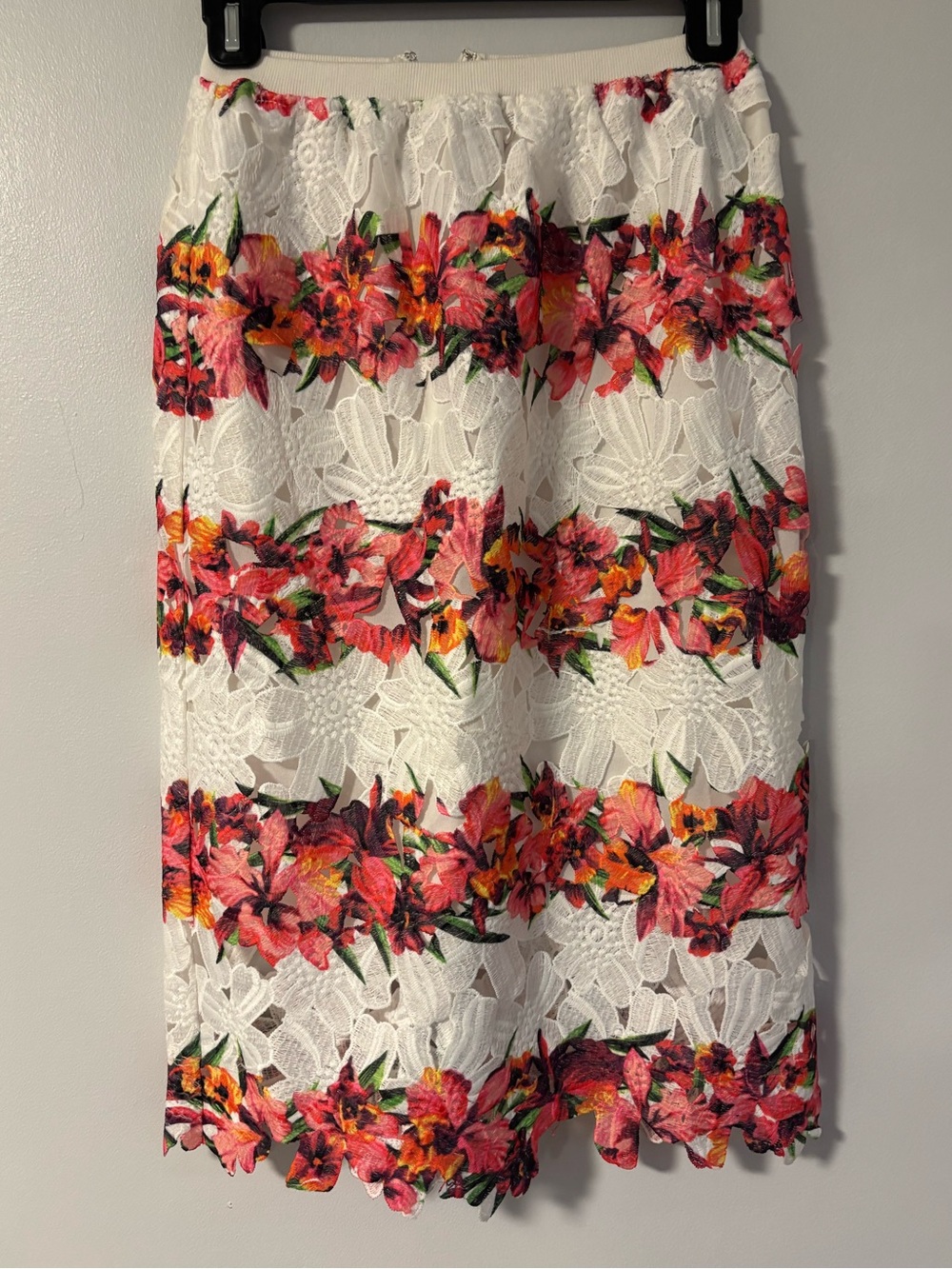 White Floral Lace appliques Midi Pencil Skirt Pink & Orange Bloom Print Medium